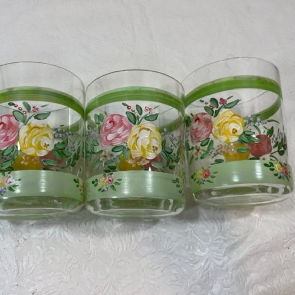 VTG Hand Painted Wide Rim Floral Drink Glasses Double Old Fashion 16oz SET OF 4 - Picture 14 of 15
